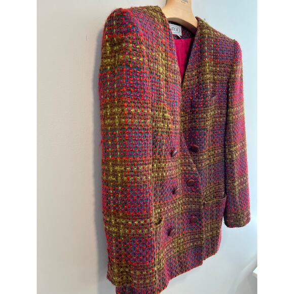 VTG Glimor Tweed Skirt Set Fuchsia Green Double Breasted & Pencil Skirt Sz 12 SG - Picture 3 of 15